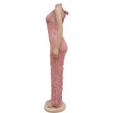 Pink Solid Color Backless Deep V Halterneck Jumpsuit