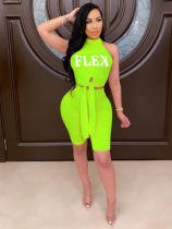 Green Sexy Printed Sleeveless Turtleneck Shorts Set