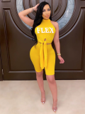 Yellow Sexy Printed Sleeveless Turtleneck Shorts Set