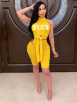 Yellow Sexy Printed Sleeveless Turtleneck Shorts Set