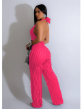 Rose Red Solid Color Backless Deep V Halterneck Jumpsuit