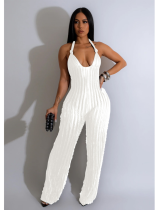 White Solid Color Backless Deep V Halterneck Jumpsuit