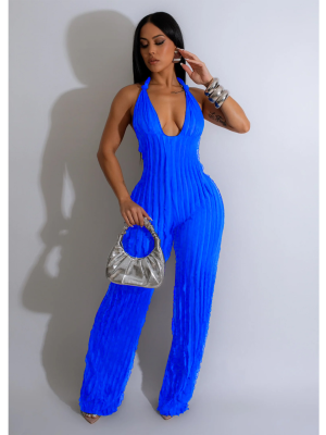 Blue Solid Color Backless Deep V Halterneck Jumpsuit