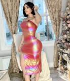 Sexy Bronzing Gradient PU High Slit Chest Wrap Dress