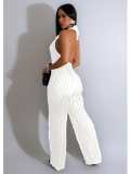 White Solid Color Backless Deep V Halterneck Jumpsuit
