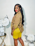 Yellow Fashionable Lapel Printed Long-Sleeved Shirt And Shorts Two-Piece Set