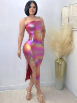 Sexy Bronzing Gradient PU High Slit Chest Wrap Dress