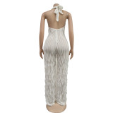 White Solid Color Backless Deep V Halterneck Jumpsuit