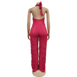 Rose Red Solid Color Backless Deep V Halterneck Jumpsuit