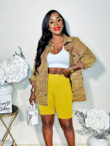 Yellow Fashionable Lapel Printed Long-Sleeved Shirt And Shorts Two-Piece Set
