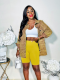 Yellow Fashionable Lapel Printed Long-Sleeved Shirt And Shorts Two-Piece Set