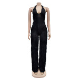 Black Solid Color Backless Deep V Halterneck Jumpsuit