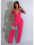 Rose Red Solid Color Backless Deep V Halterneck Jumpsuit