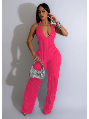 Rose Red Solid Color Backless Deep V Halterneck Jumpsuit