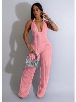 Pink Solid Color Backless Deep V Halterneck Jumpsuit