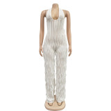 White Solid Color Backless Deep V Halterneck Jumpsuit