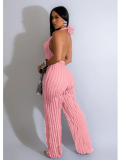 Pink Solid Color Backless Deep V Halterneck Jumpsuit