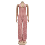 Pink Solid Color Backless Deep V Halterneck Jumpsuit