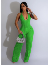 Green Solid Color Backless Deep V Halterneck Jumpsuit