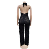 Black Solid Color Backless Deep V Halterneck Jumpsuit