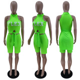 Green Sexy Printed Sleeveless Turtleneck Shorts Set