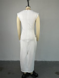 White Fashionable Solid Color Smocked Raw Edge Dress
