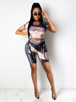 Fashionable Pinted Navel-baring Two-piece Set