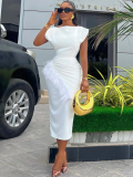 White Fashionable Solid Color Smocked Raw Edge Dress