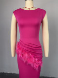 Rose Red Fashionable Solid Color Smocked Raw Edge Dress