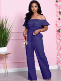 Blue Sexy One-Line Collar Wide-Leg Loose High-Waisted Two-Piece Set