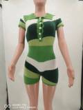 Green Summer Color Block Knitted Short-Sleeved Jumpsuit