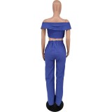 Blue Sexy One-Line Collar Wide-Leg Loose High-Waisted Two-Piece Set