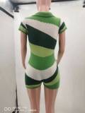 Green Summer Color Block Knitted Short-Sleeved Jumpsuit