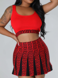Red Knitted Stretch Sweater Vest Sports Casual Skirt Two-Piece Set