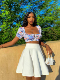 White Princess Sleeve Square Neck Printed T-Shirt And Skirt Two-Piece Set