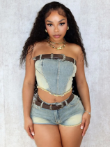 New Tube Top Stretch Denim Shorts Two-Piece Set