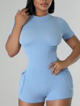 Blue Casual Jacquard Backless Slim Fit Jumpsuit