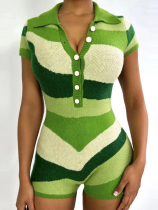 Green Summer Color Block Knitted Short-Sleeved Jumpsuit