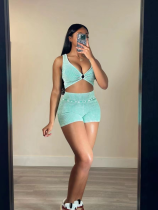 Green Casual Leaky Navel Vest Sports Yoga Two-Piece Set