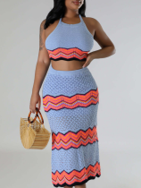 Blue Knitted Stretch Sports Casual Vest Sweater Skirt Two-Piece Set
