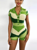 Green Summer Color Block Knitted Short-Sleeved Jumpsuit