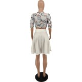 White Princess Sleeve Square Neck Printed T-Shirt And Skirt Two-Piece Set