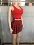 Red Knitted Stretch Sweater Vest Sports Casual Skirt Two-Piece Set