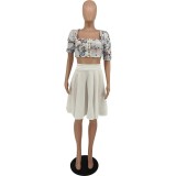 White Princess Sleeve Square Neck Printed T-Shirt And Skirt Two-Piece Set