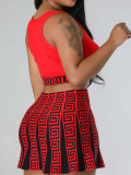 Red Knitted Stretch Sweater Vest Sports Casual Skirt Two-Piece Set