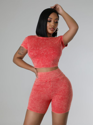 Red Casual O-Neck Distressed High-Waisted Two-Piece Set