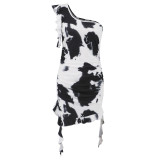 Black Sexy Ruffled Tie-dye Print Dress