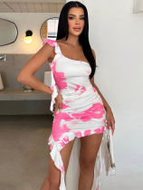 Pink Sexy Ruffled Tie-dye Print Dress