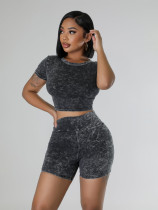 Black Casual O-Neck Distressed High-Waisted Two-Piece Set