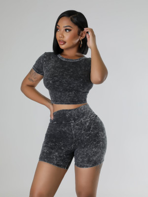 Black Casual O-Neck Distressed High-Waisted Two-Piece Set